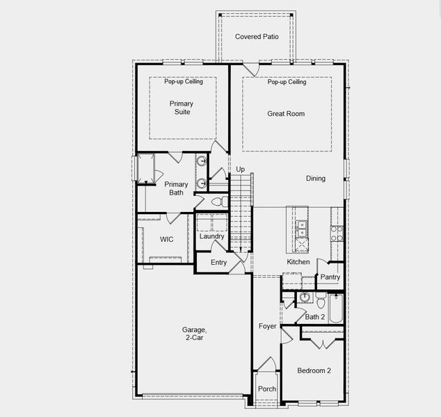 Additional highlights include: 8' front and back doors, keyless entry, Ring doorbell, pop up ceiling at great room and primary suite, covered patio, sprinkler system, tankless water heater, quartz countertops throughout.