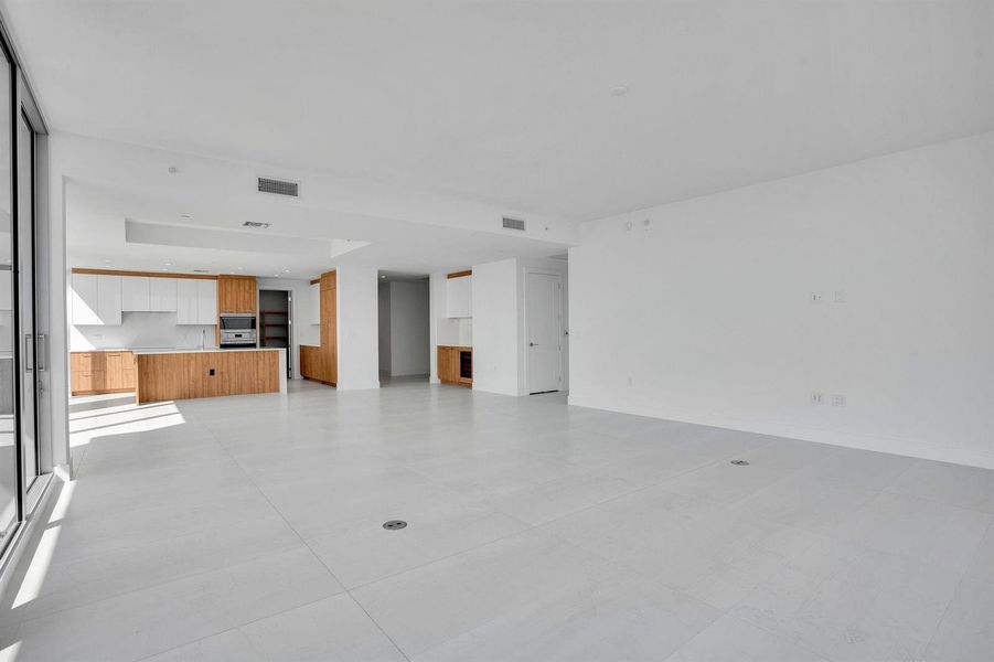 Kitchen, dining, and living area