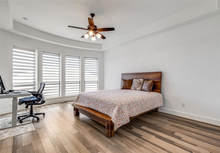 Bedroom featuring a raised ceiling, ceiling fan, wood finished floors, and a desk