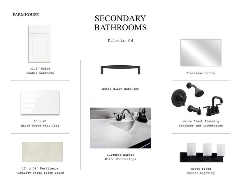 Farmhouse Look Palette 4: Secondary Bathrooms Selection Sheet (*Artist rendering used for illustration purposes only.)