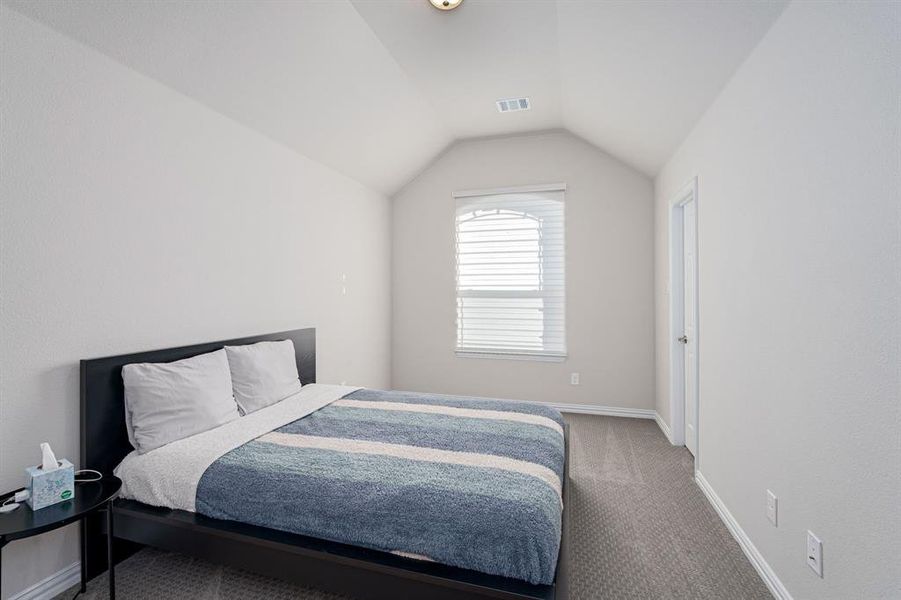 Carpeted bedroom featuring lofted ceiling