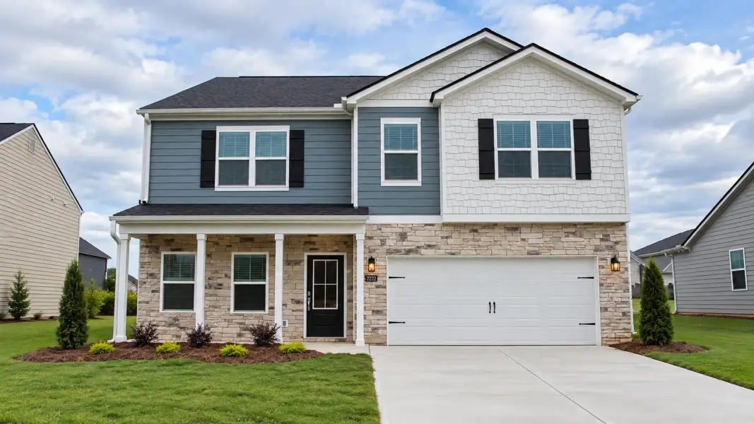 Front exterior of a new home in The Hideaway at Edgestone, Ooltewah, TN, highlighting curb appeal (Image 1). Front exterior of a new home in The Hideaway at Edgestone, Ooltewah, TN, highlighting curb appeal (Image 1).