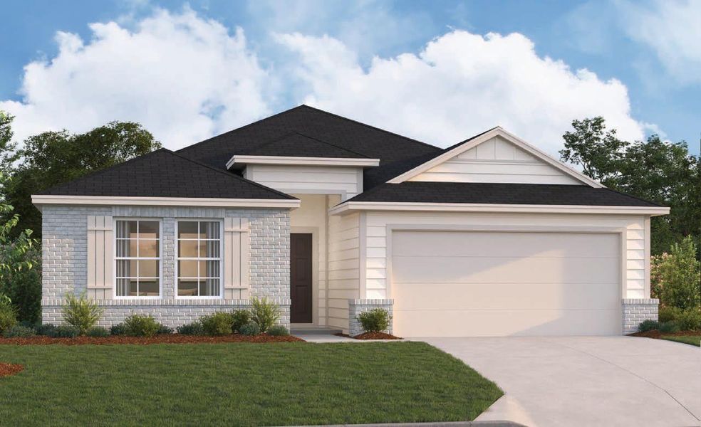 Front exterior of a new home in Marble Creek Crossing, Austin, TX, highlighting curb appeal (Image 1). Front exterior of a new home in Marble Creek Crossing, Austin, TX, highlighting curb appeal (Image 1).
