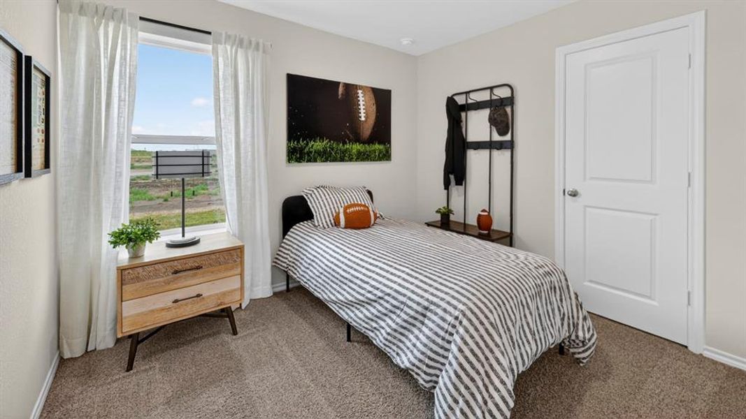 Spacious room featuring carpeting, a multi-pane window with white drapes, and a white paneled door Spacious room featuring carpeting, a multi-pane window with white drapes, and a white paneled door