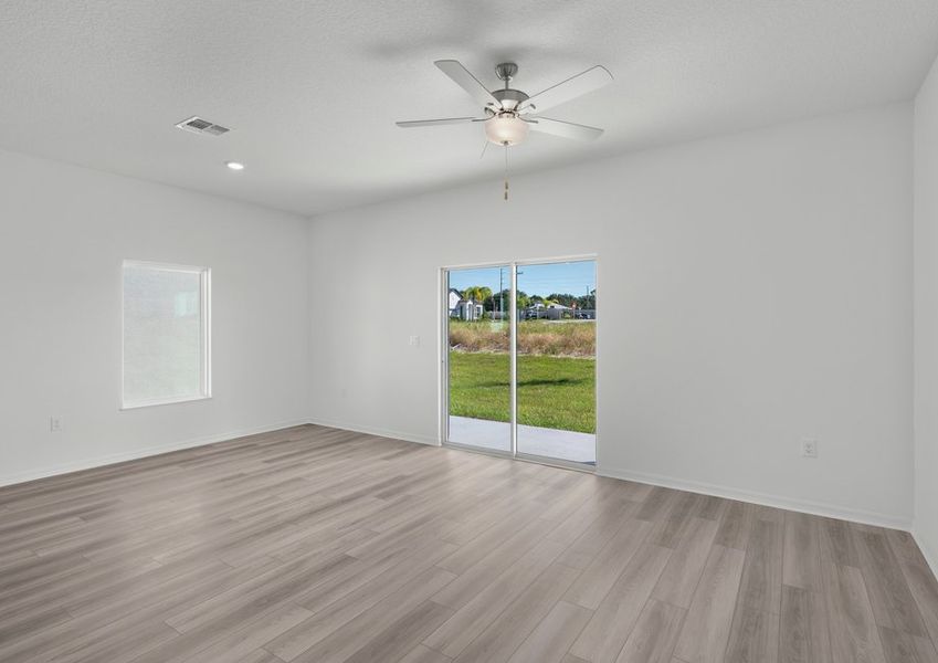 This family room includes large glass sliding doors that lead to the backyard covered porch This family room includes large glass sliding doors that lead to the backyard covered porch