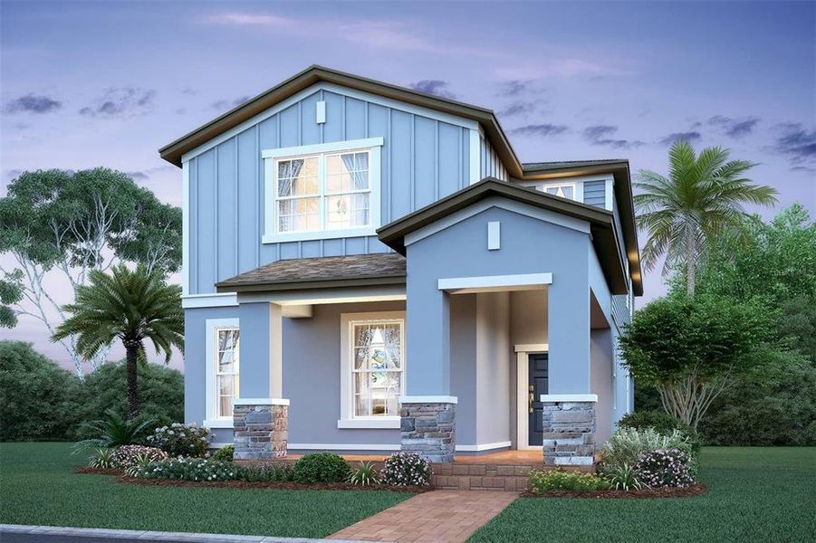 Front exterior of a new home in Lake Star at Ovation, Winter Garden, FL, highlighting curb appeal (Image 1).