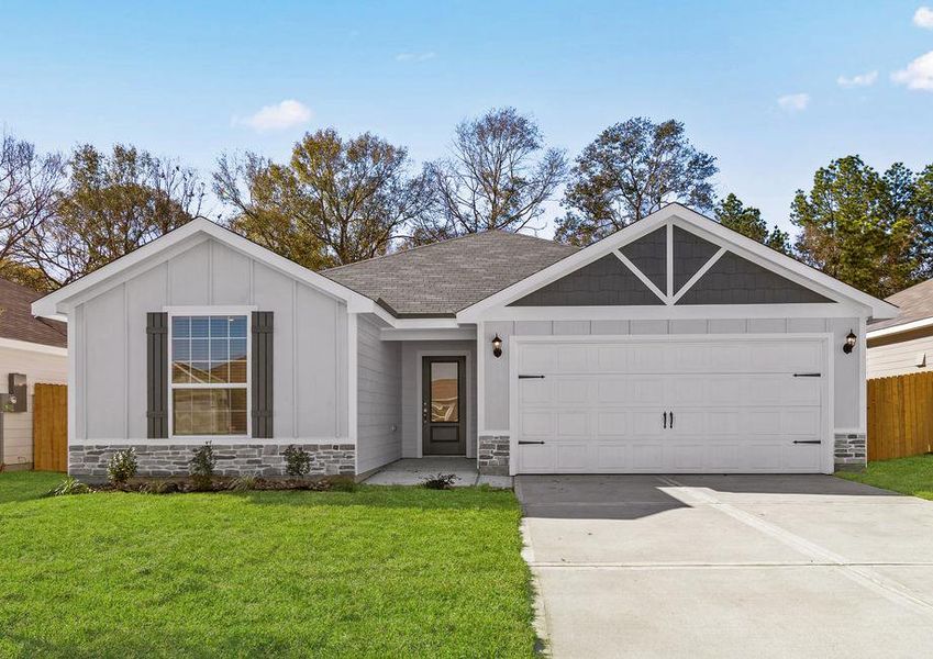 The gorgeous Sabine plan with stone detail and window shutters.