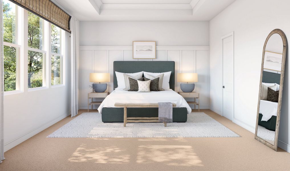 Primary suite with decorative feature wall Primary suite with decorative feature wall