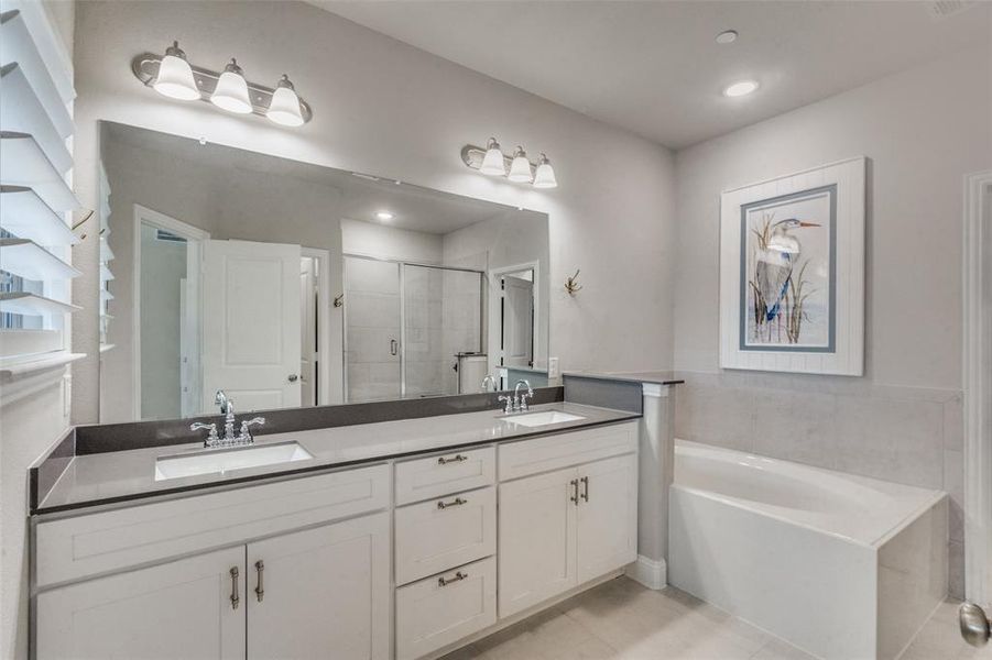 Bathroom with tile flooring, shower with separate bathtub, large vanity, and double sink