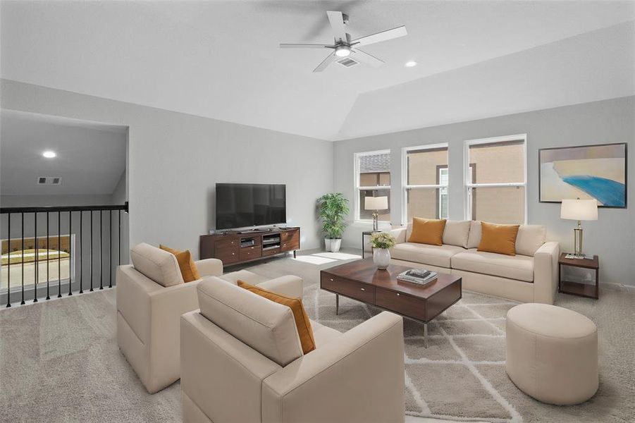 Come upstairs and enjoy a day of leisure in this fabulous game room! This is the perfect hangout spot or adult game room, this space features plush carpet, high ceiling, recessed lighting, ceiling fan, custom paint and large windows.