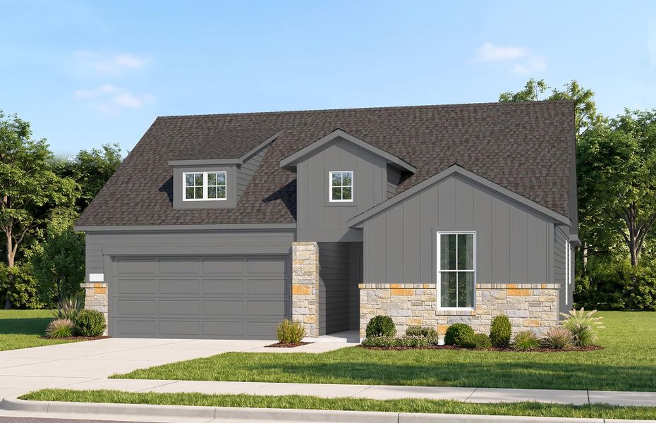 Representative exterior photo of a completed home built from the Parker by Pulte Homes in Saddleback at Santa Rita Ranch, Liberty Hill, TX (Image 13).