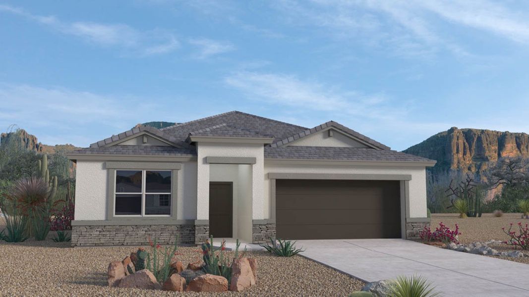 Front exterior of a new home in Heartland Ranch, Coolidge, AZ, highlighting curb appeal (Image 1). Front exterior of a new home in Heartland Ranch, Coolidge, AZ, highlighting curb appeal (Image 1).