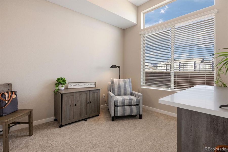 Another view of the sizable second bedroom located on the upper level with large windows and plush carpeting.