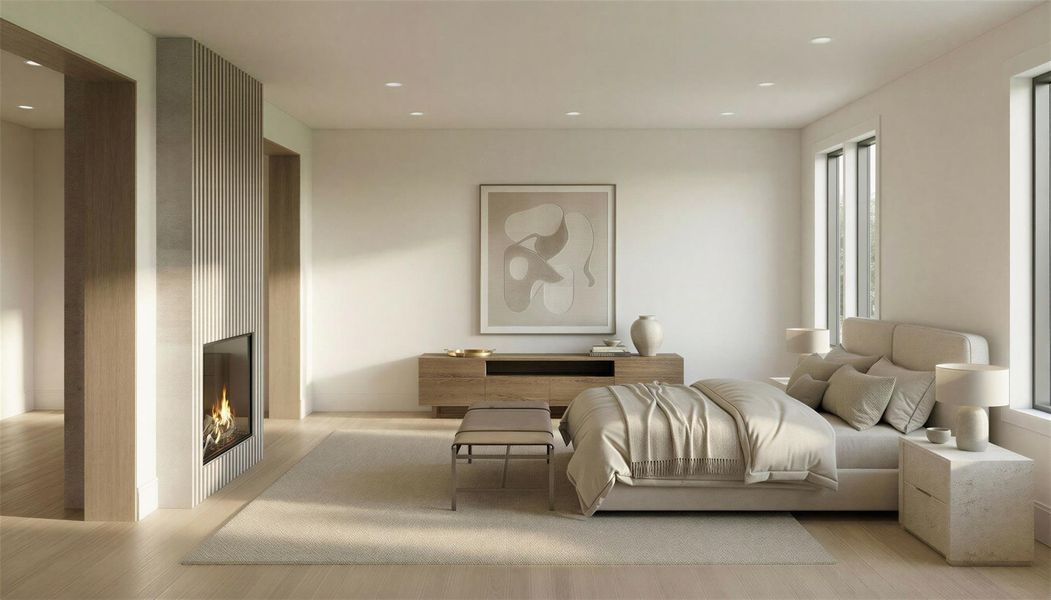 Rendering: Primary bedroom includes large windows, double sided fireplace, and sitting room.