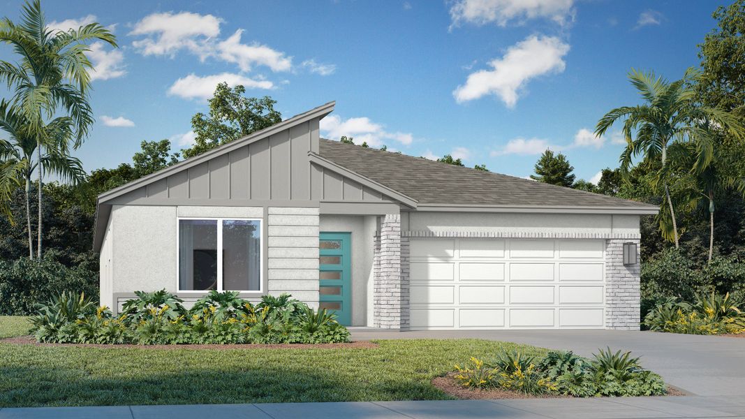 Representative exterior photo of a completed home built from the Baker by DRB Homes in Willowbrook North, Winter Haven, FL (Image 6). Representative exterior photo of a completed home built from the Baker by DRB Homes in Willowbrook North, Winter Haven, FL (Image 6).