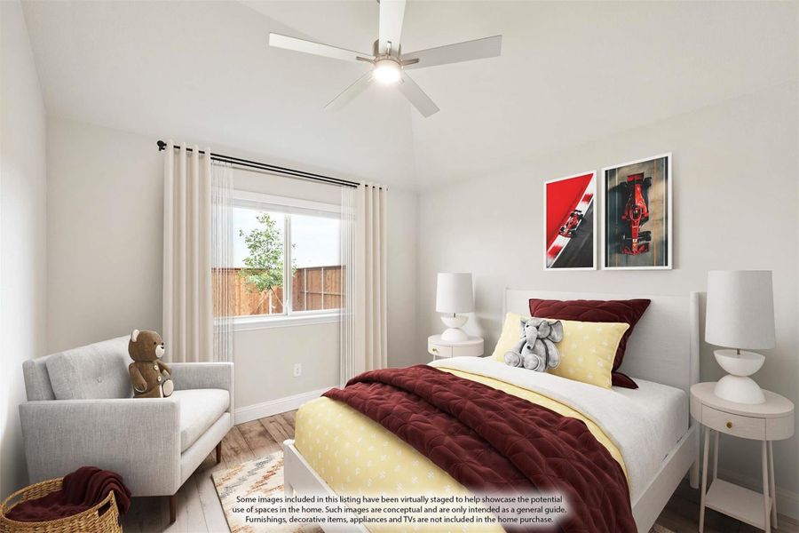 Children's bedroom with vaulted ceiling, ceiling fan, hardwood floors, and a single window with neutral curtains Children's bedroom with vaulted ceiling, ceiling fan, hardwood floors, and a single window with neutral curtains