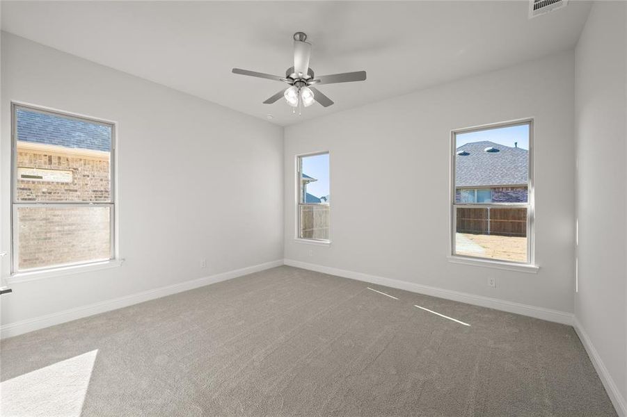 Spare room featuring carpet flooring, plenty of natural light, and ceiling fan