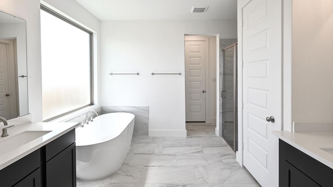 Full bath with two vanities, a shower stall, a soaking tub, and plenty of natural light