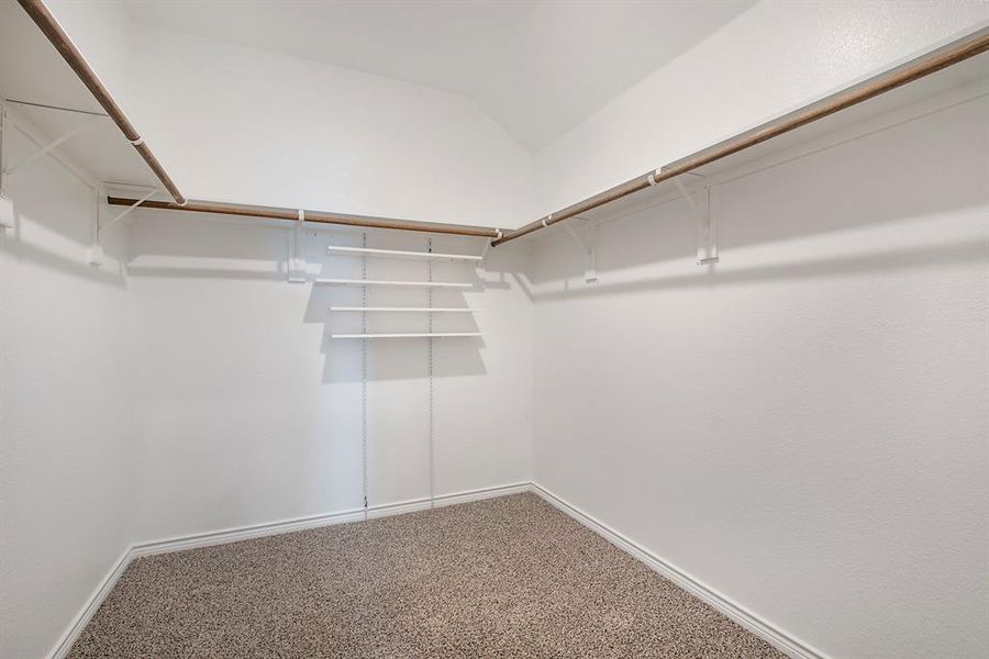 Spacious closet with lofted ceiling and carpet