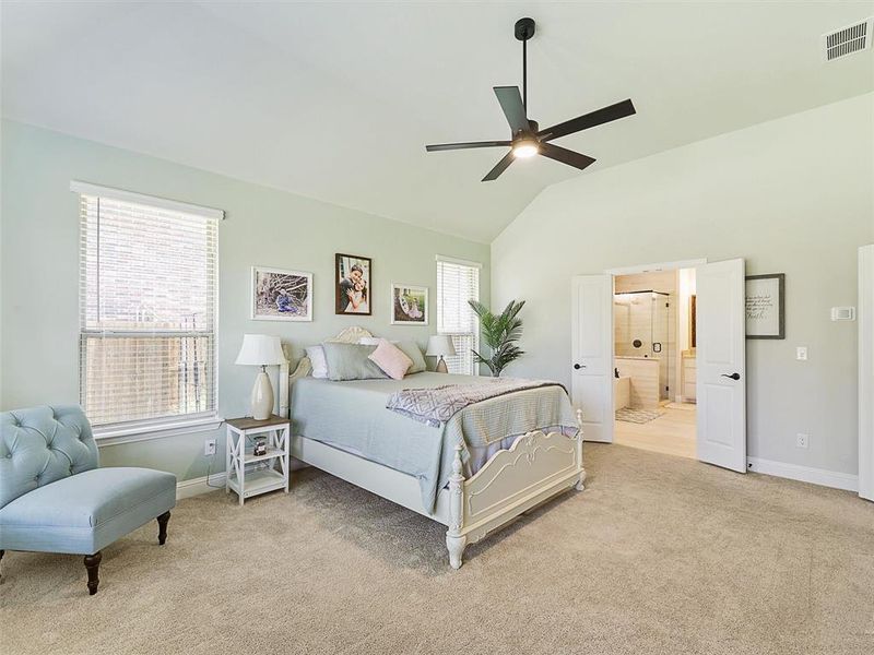 Master Suite featuring light carpet, multiple windows, vaulted ceiling, and ceiling fan