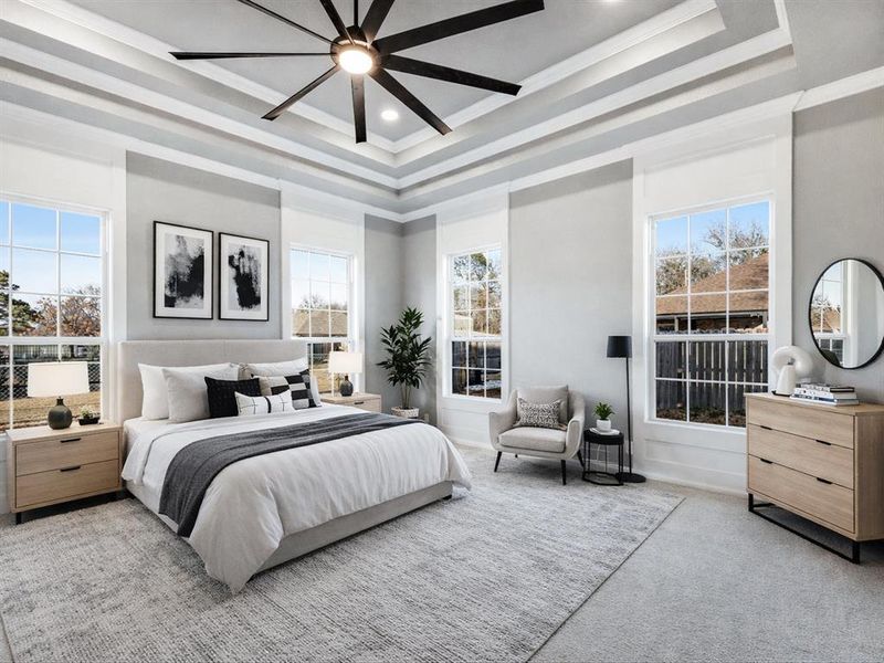 Bedroom with carpet flooring, ceiling fan, recessed lighting, and ornamental molding Bedroom with carpet flooring, ceiling fan, recessed lighting, and ornamental molding