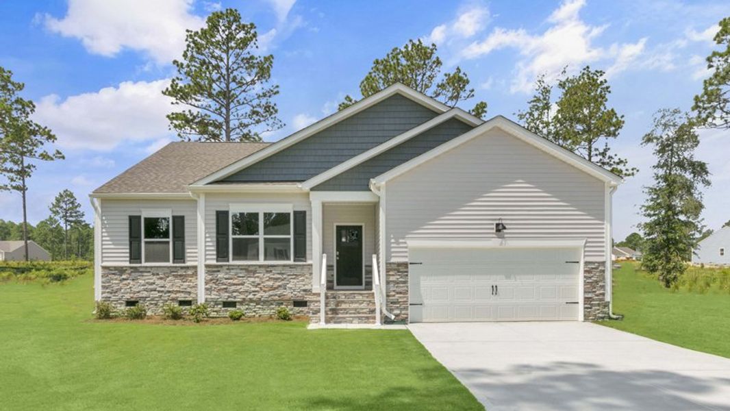 Representative exterior photo of a completed home built from the Booth by D.R. Horton in Gretchen Pines, West End, NC (Image 2). Representative exterior photo of a completed home built from the Booth by D.R. Horton in Gretchen Pines, West End, NC (Image 2).