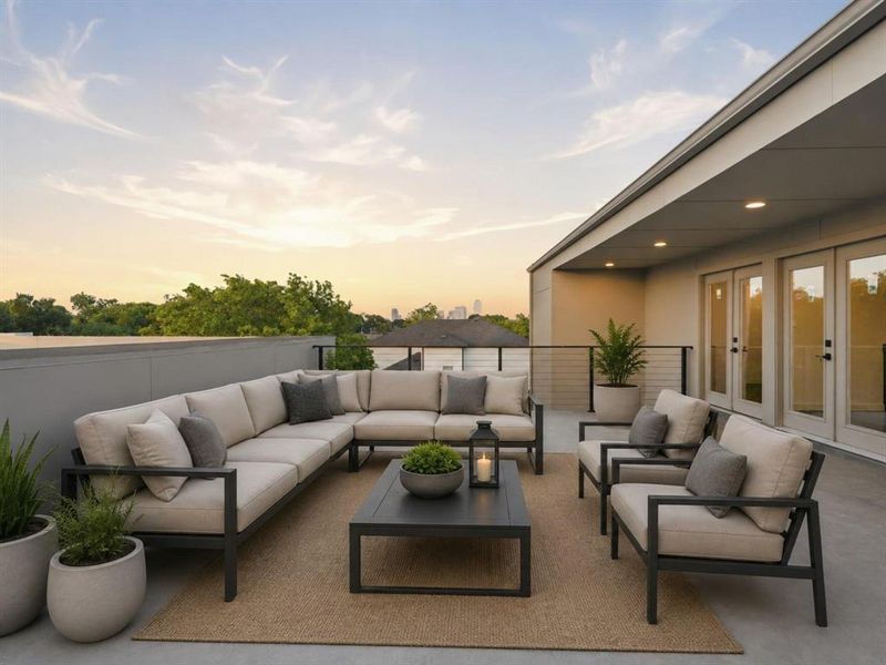 Rooftop patio featuring expansive outdoor living space, contemporary flat roofline, modern railing, recessed lighting, and multiple sets of French doors