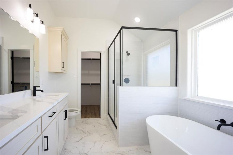 Full bath featuring a walk in closet, double vanity, a soaking tub, vaulted ceiling, and a shower stall