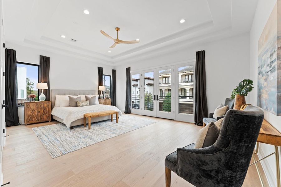 great size primary bed w 2 times coffered ceilings