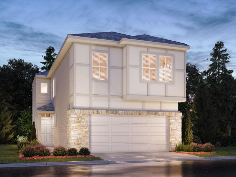 Front exterior of a new home in Pinewood Trails - City Series, Atascocita, TX, highlighting curb appeal (Image 1). Front exterior of a new home in Pinewood Trails - City Series, Atascocita, TX, highlighting curb appeal (Image 1).