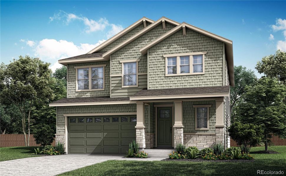 Front exterior of a new home in Prelude at Sterling Ranch, Littleton, CO, highlighting curb appeal (Image 2).