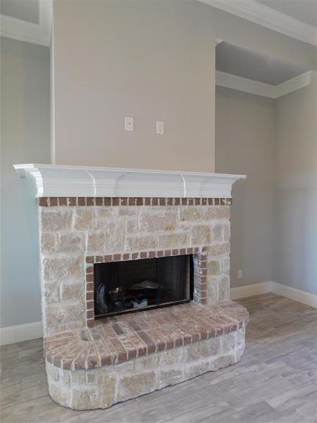 Living room- featuring ornamental molding, hardwood / wood-style flooring, and a fireplace