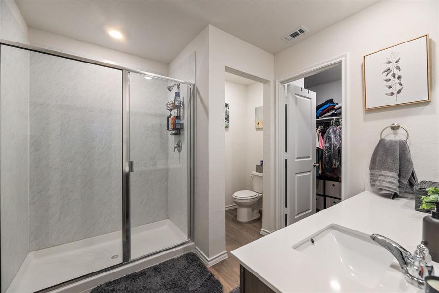 Bathroom with vanity, a stall shower, a spacious closet, and dark wood-style floors