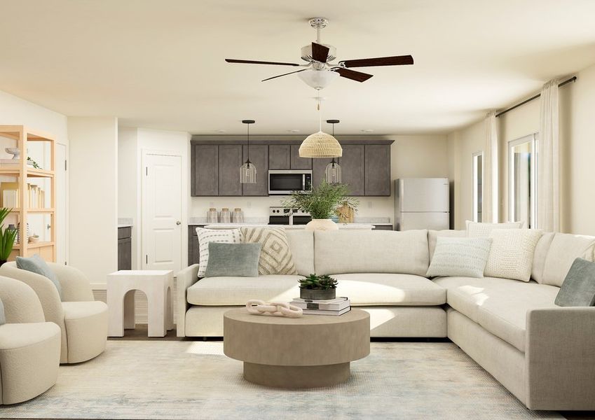 Rendering of the living room furnished with a large white couch and two white side chairs. Rendering of the living room furnished with a large white couch and two white side chairs.