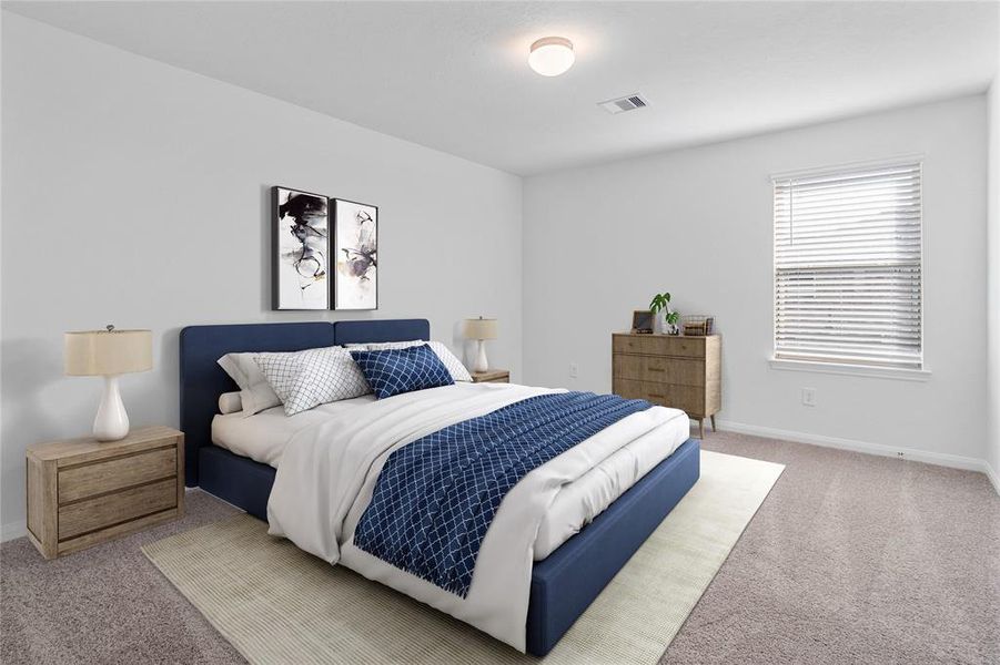 Secondary bedroom features plush carpet, neutral paint, lighting, large window with privacy blinds and ample sized closet space.