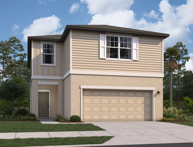 Front exterior of a new home in Landings at Mount Olive, Polk City, FL, highlighting curb appeal (Image 1). Front exterior of a new home in Landings at Mount Olive, Polk City, FL, highlighting curb appeal (Image 1).