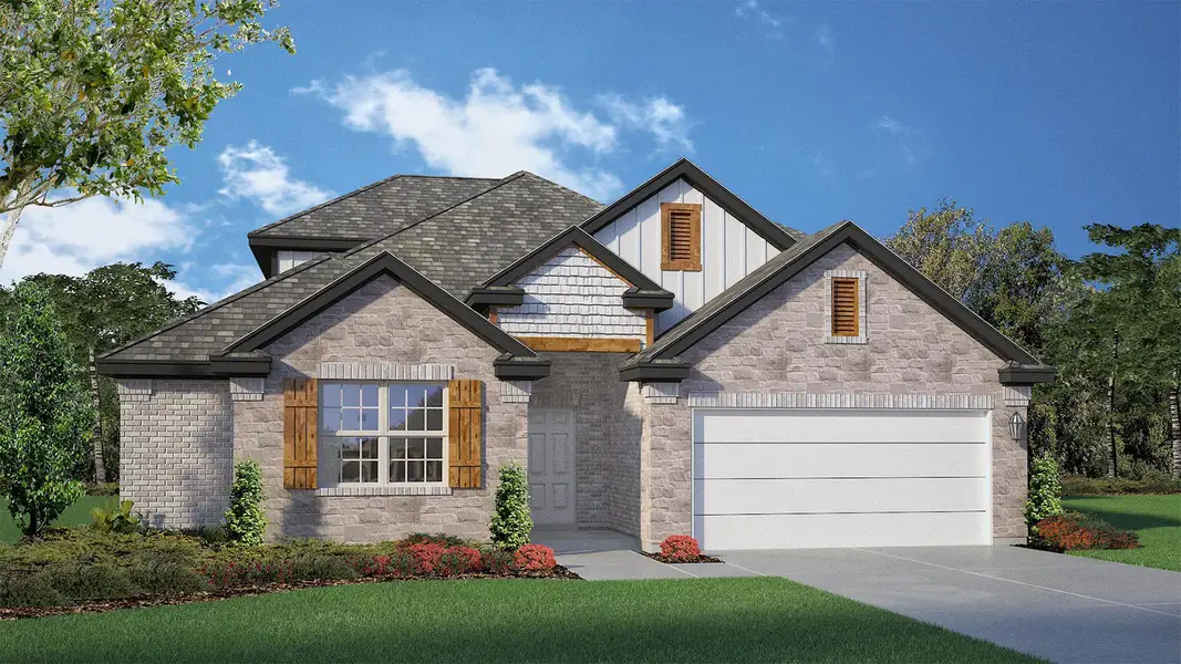 Representative exterior photo of a completed home built from the Newburgh by D.R. Horton in Saddle Creek, Waco, TX (Image 1). Representative exterior photo of a completed home built from the Newburgh by D.R. Horton in Saddle Creek, Waco, TX (Image 1).