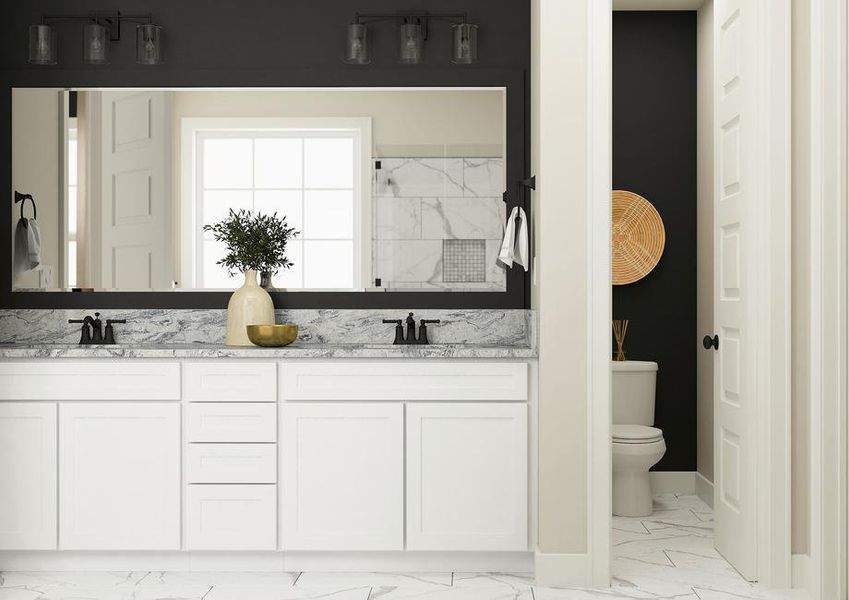 Rendering of master bathroom highlighting
  a double-sink vanity with white cabinetry.Â