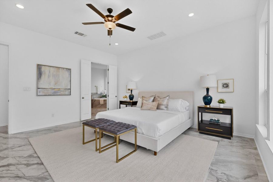 Spacious room featuring light gray marble-look tile flooring, white walls, and a ceiling fan with integrated lighting