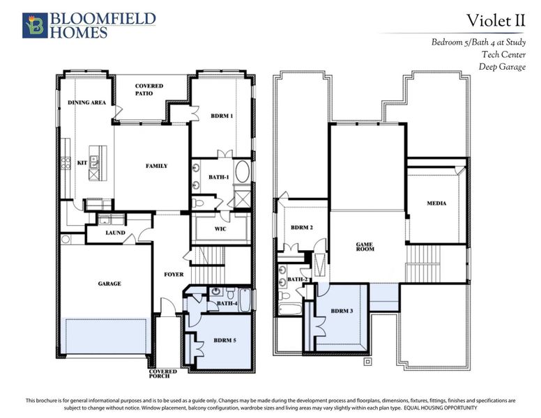 Bloomfield Homes Violet II floor plan showing 5-bedroom, 4-bath two-story layout with garage, game room, and media room. Bloomfield Homes Violet II floor plan showing 5-bedroom, 4-bath two-story layout with garage, game room, and media room.