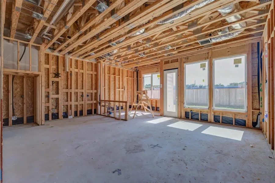 Open-concept living area under construction, featuring exposed wall framing, ceiling systems, large rear windows, and a glass door leading toward the backyard. The wide room layout shows the future connection between living, dining, and kitchen spaces, with natural light already defining the bright, open feel of the main level. Open-concept living area under construction, featuring exposed wall framing, ceiling systems, large rear windows, and a glass door leading toward the backyard. The wide room layout shows the future connection between living, dining, and kitchen spaces, with natural light already defining the bright, open feel of the main level.