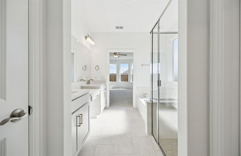 Spacious owner's bath with ample cabinet storage