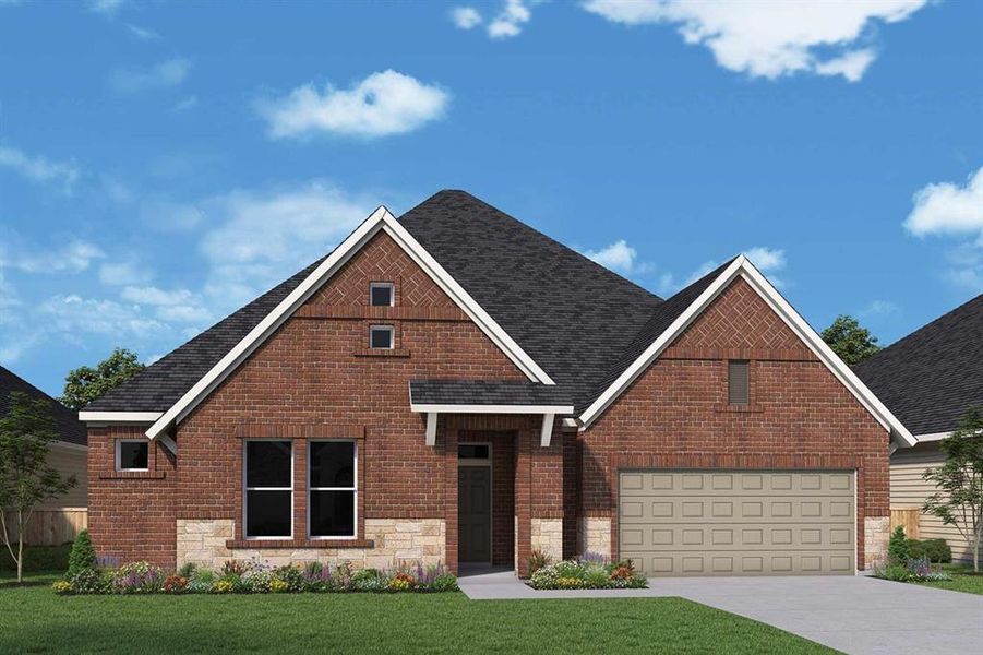 Front exterior of a new home in Myrtle Creek, Waxahachie, TX, highlighting curb appeal (Image 1). Front exterior of a new home in Myrtle Creek, Waxahachie, TX, highlighting curb appeal (Image 1).