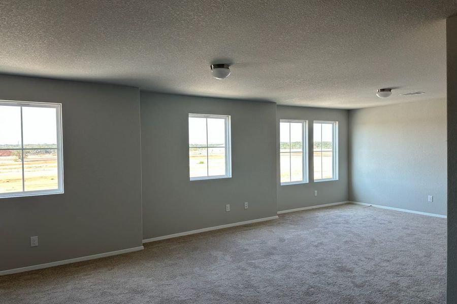 Image of home recreation room with multiple windows on a white wall and light carpet