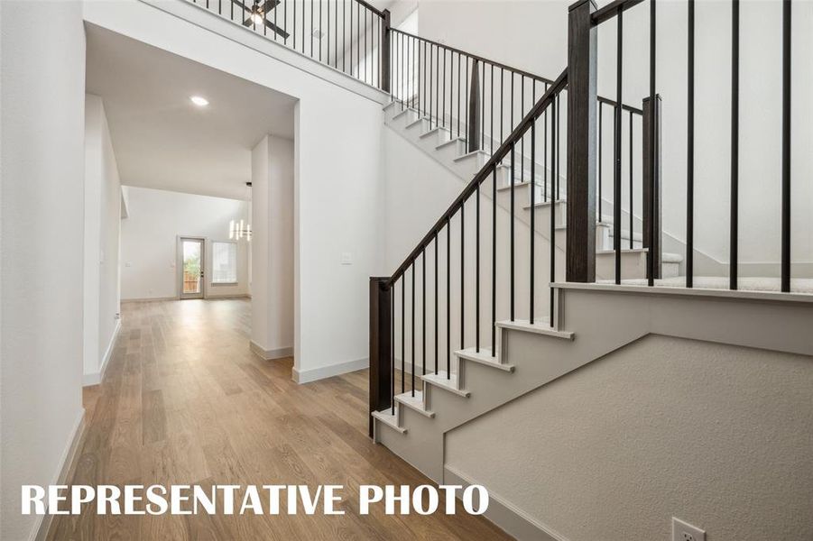 Featuring a dramatic switchback staircase and site lines from the front through to the rear of the home, our Gaston plan is truly your dream home come to life!  REPRESENTATIVE PHOTO