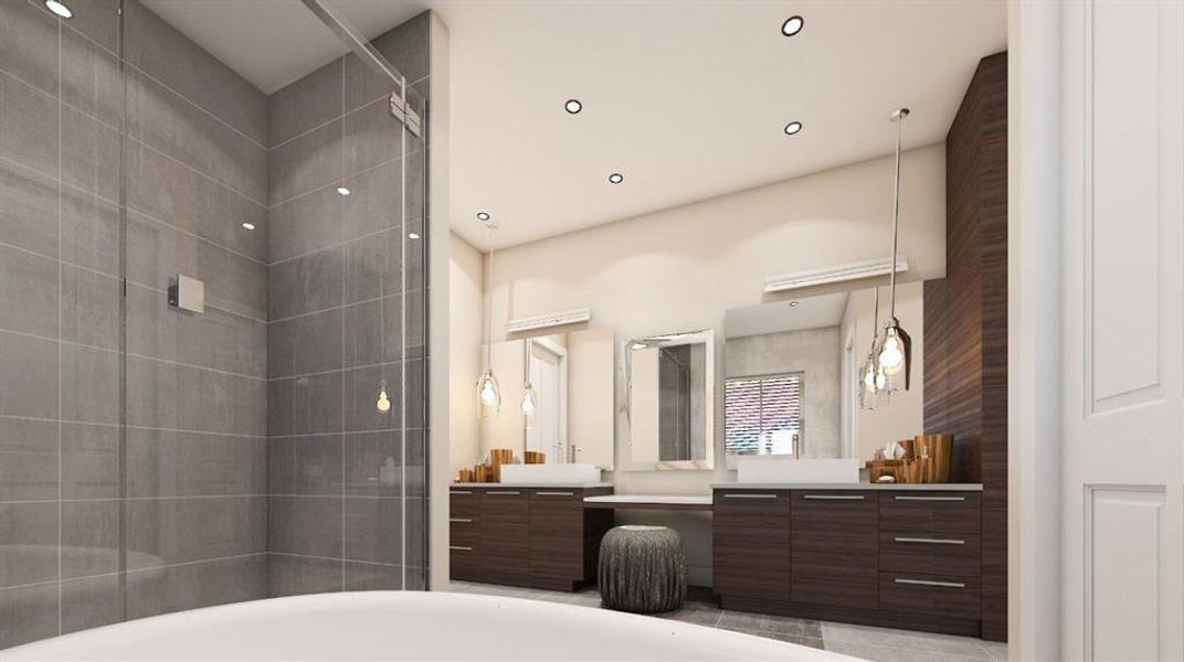 Full bathroom featuring recessed lighting, a shower stall, vanity, and a bathtub