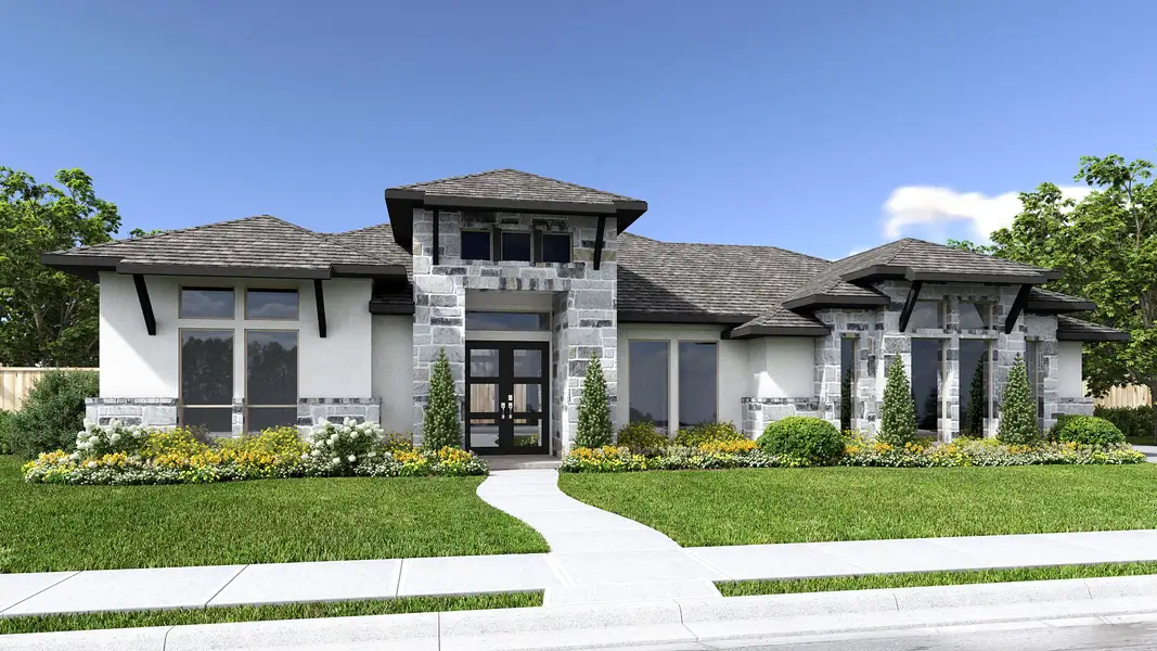 Front exterior of a new home in Megan's Landing, Castroville, TX, highlighting curb appeal (Image 1). Front exterior of a new home in Megan's Landing, Castroville, TX, highlighting curb appeal (Image 1).