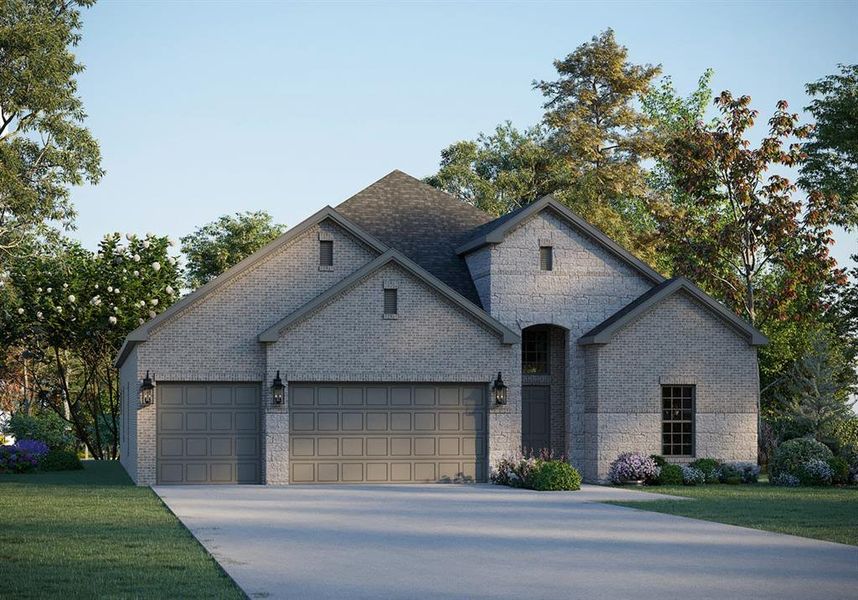 French country inspired facade with a garage