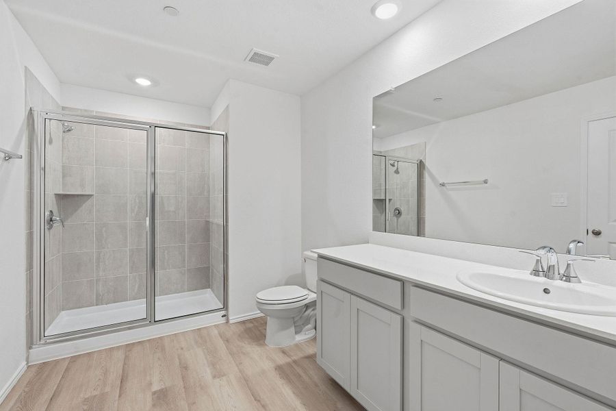 Bathroom featuring a glass-enclosed shower with tile surround, a single vanity with an undermount sink, and wood-finish flooring Bathroom featuring a glass-enclosed shower with tile surround, a single vanity with an undermount sink, and wood-finish flooring