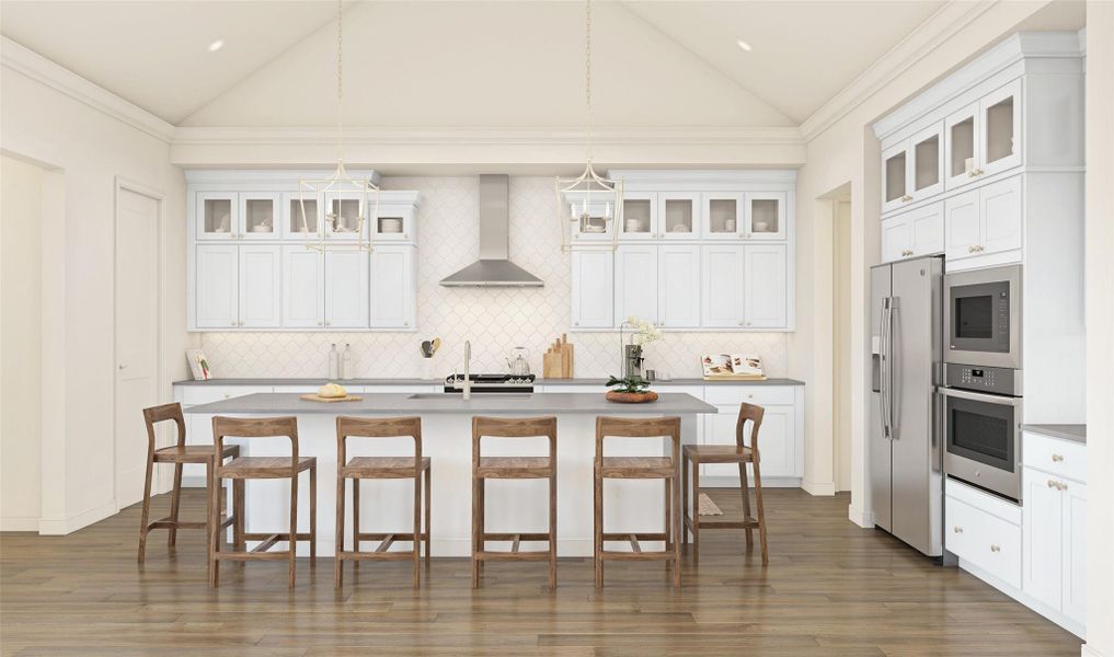 Gorgeous island kitchen with white stacked cabinets and quartz countertops (*Artist rendering used for illustration purposes only.)